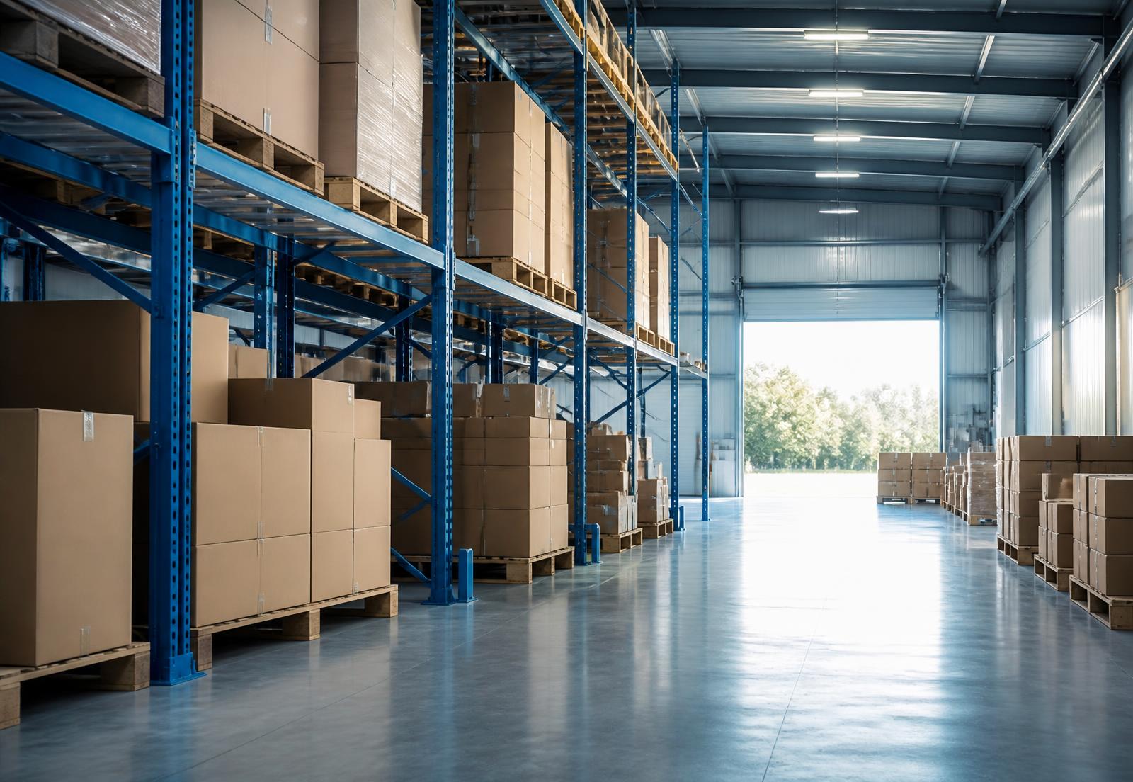 Modern magazijn met pallets en pakketten in Borne
